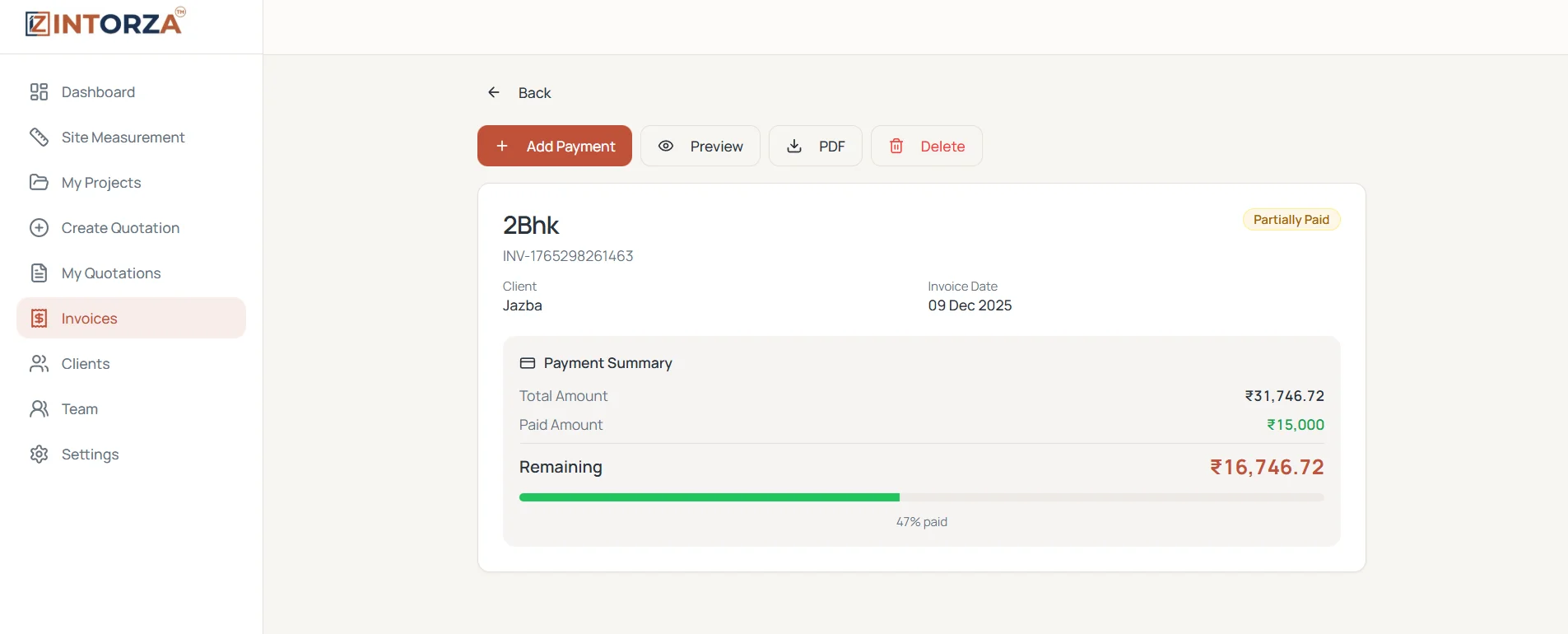 Intorza interior invoice with Add Payment, Preview and PDF controls plus total, paid and remaining amounts