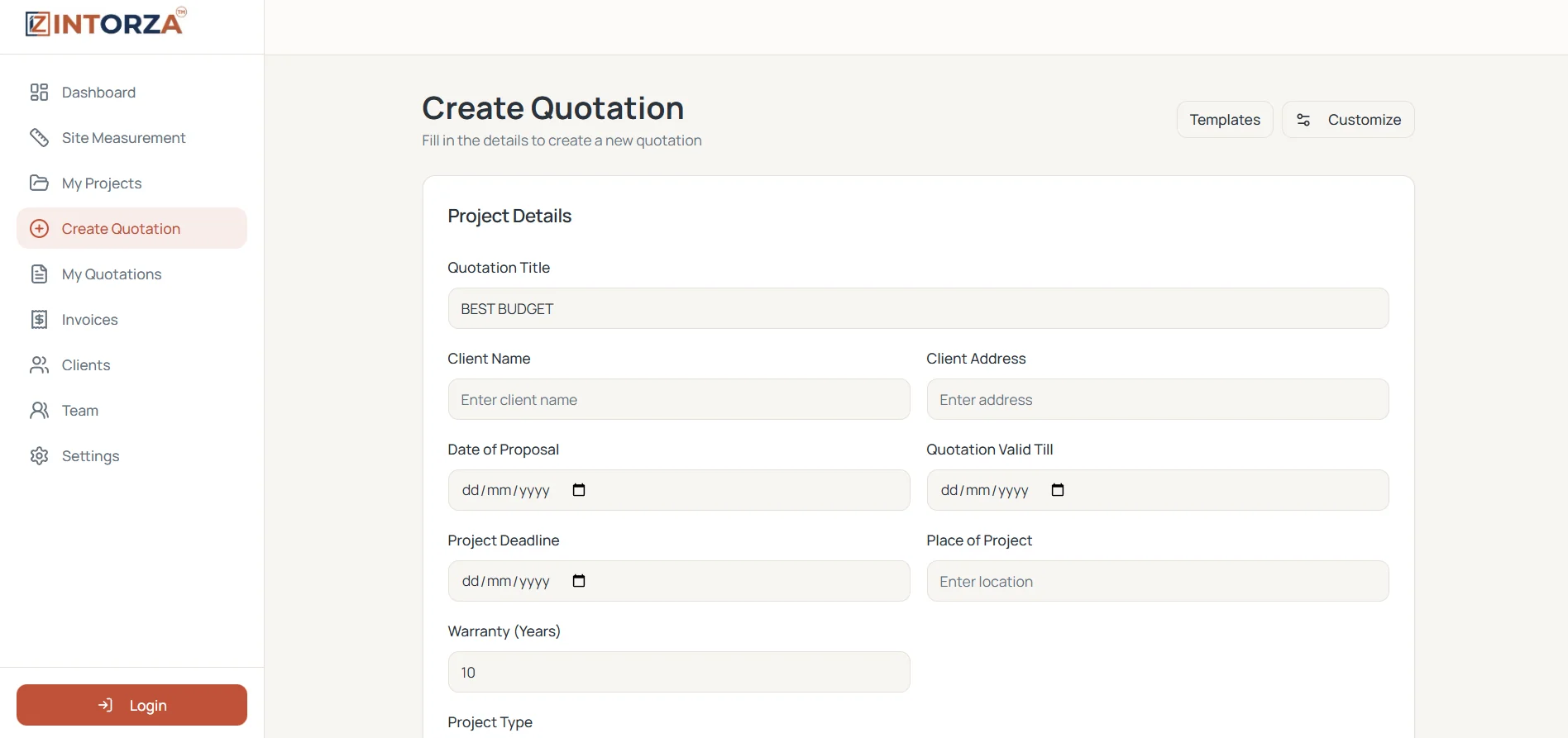 Intorza interior quotation builder with project details and itemized work